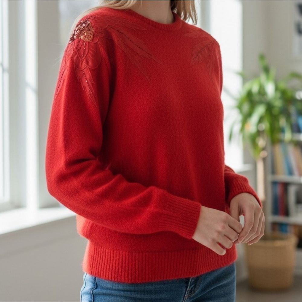 Red Women's Crewneck Sweater with Decorative Shoulder Detail